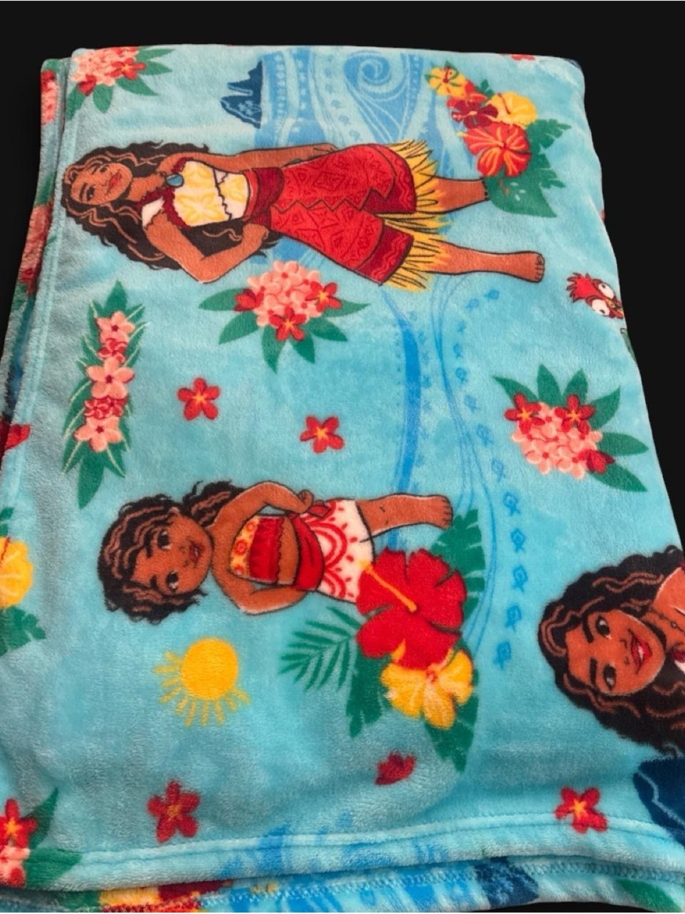 Disney Teal Blue Moana Character Plush Throw Blanket with Red Accents